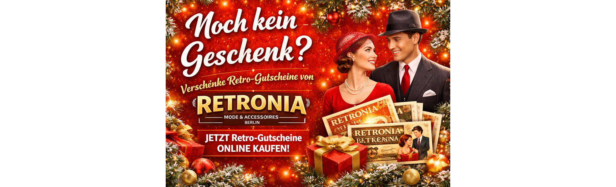 Retronia Gutschein Weihnachts-Banner: Vintage-Paar vor Weihnachtsdeko, Geschenkgutscheine, Text „Noch kein Geschenk?“